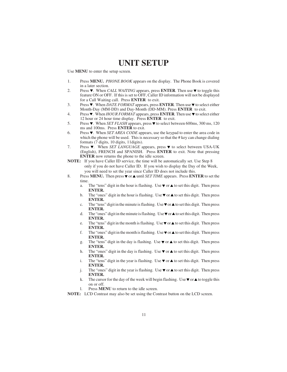 Unit setup | Cortelco 9225 User Manual | Page 11 / 24