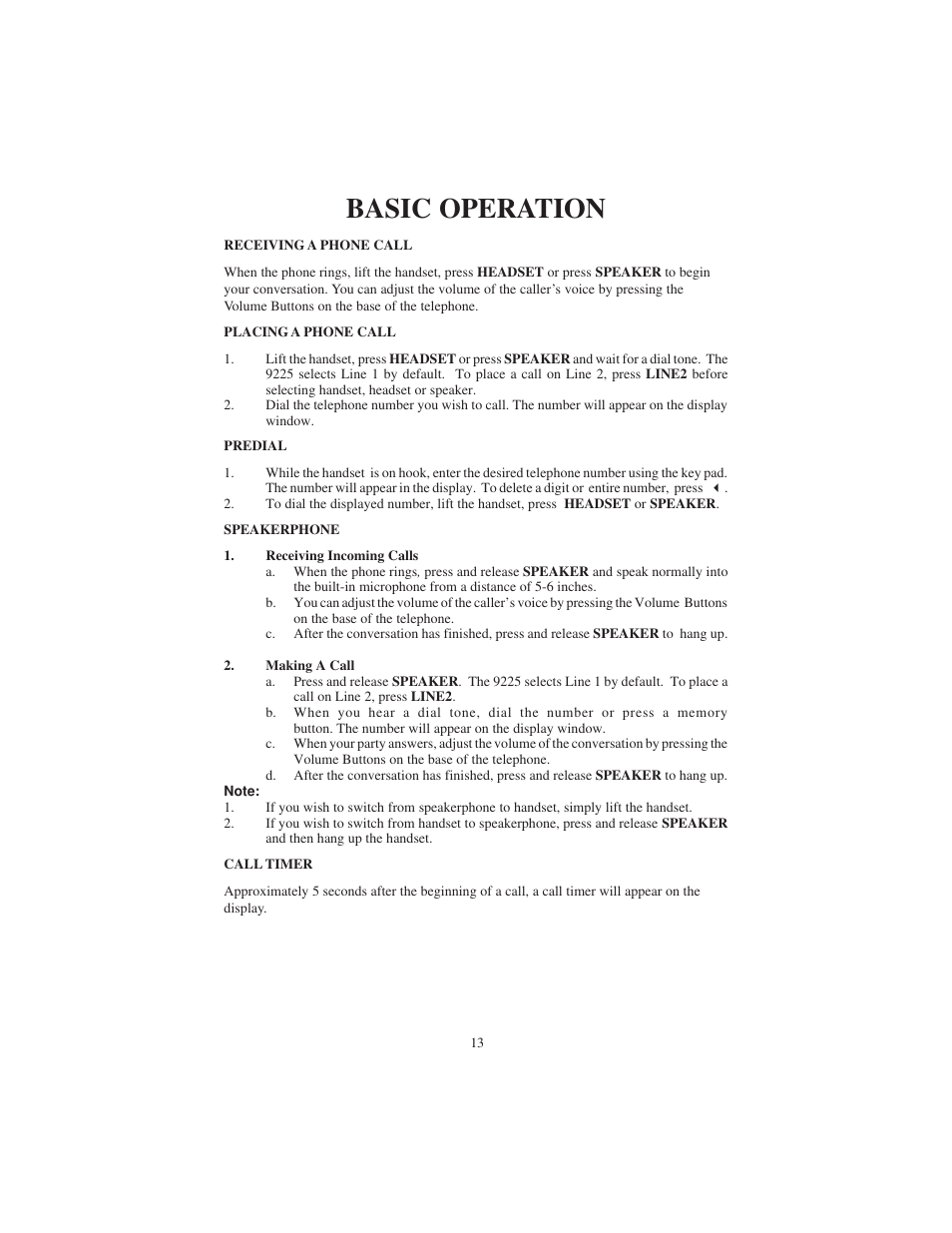 Basic operation | Cortelco 9225 User Manual | Page 13 / 24