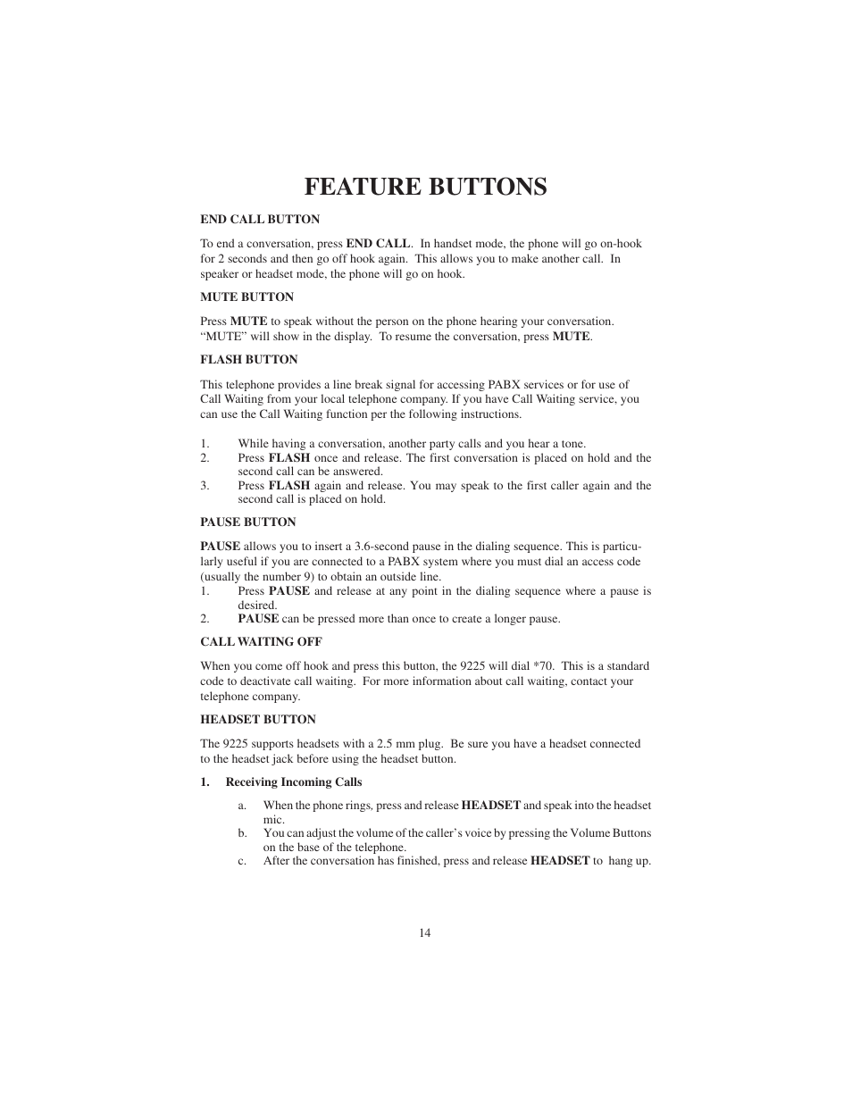 Feature buttons | Cortelco 9225 User Manual | Page 14 / 24