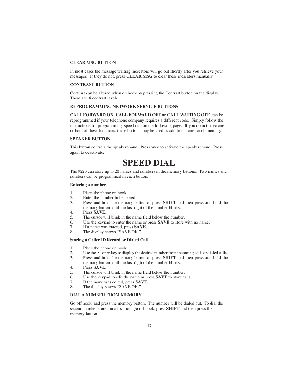 Speed dial | Cortelco 9225 User Manual | Page 17 / 24