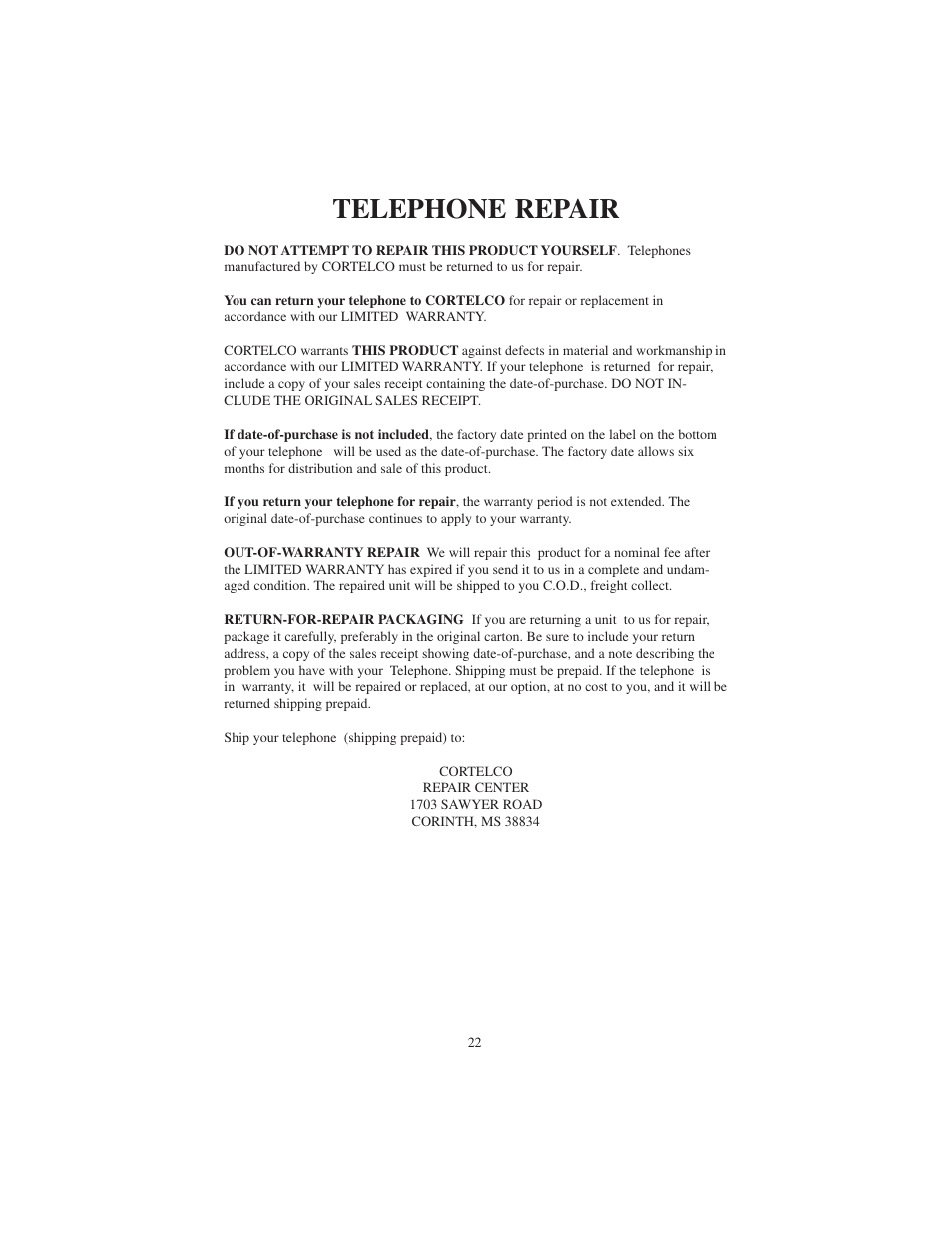 Telephone repair | Cortelco 9225 User Manual | Page 22 / 24