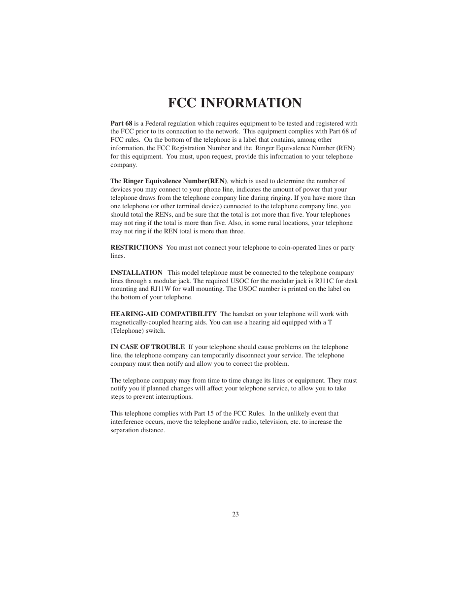 Fcc information | Cortelco 9225 User Manual | Page 23 / 24