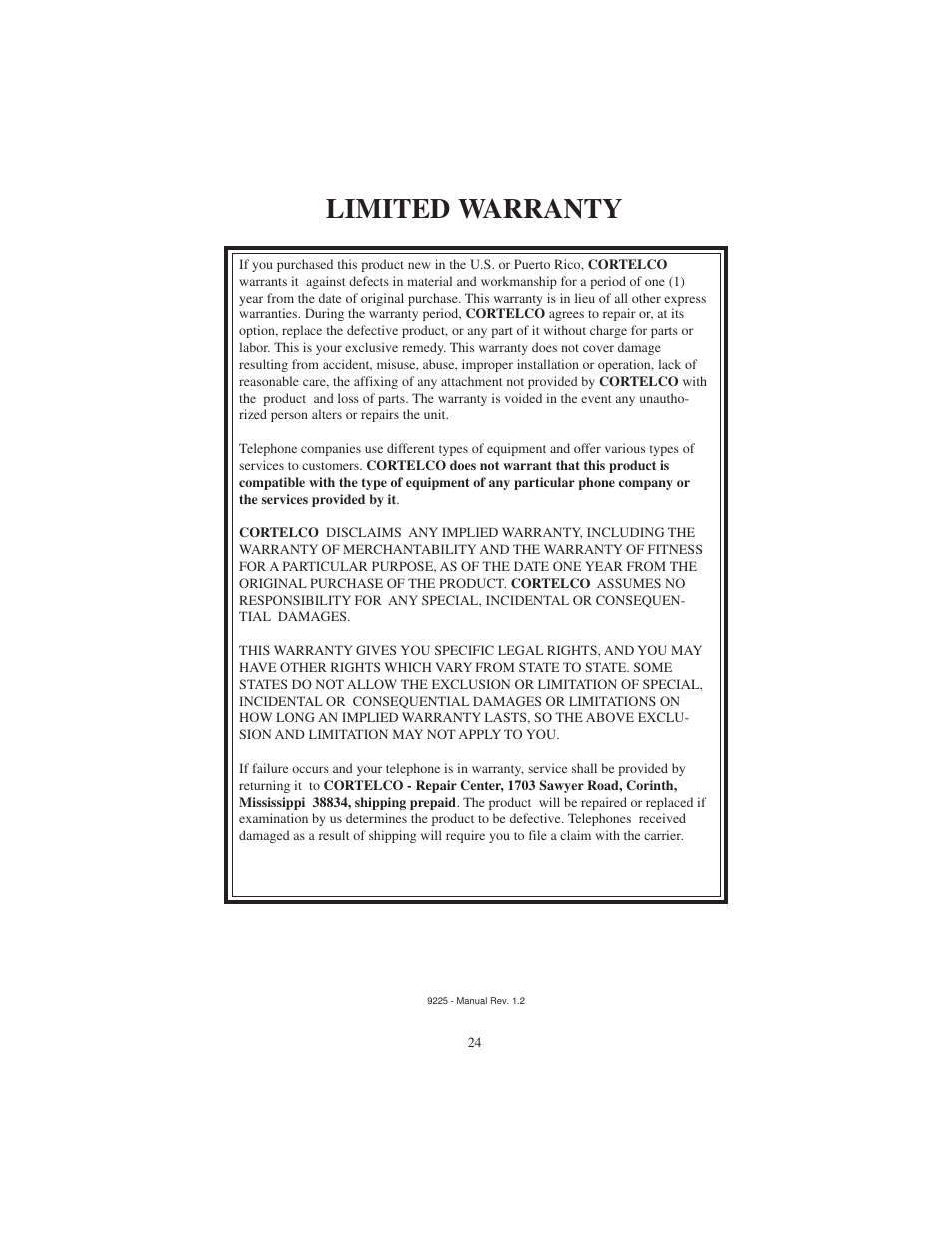 Limited warranty | Cortelco 9225 User Manual | Page 24 / 24