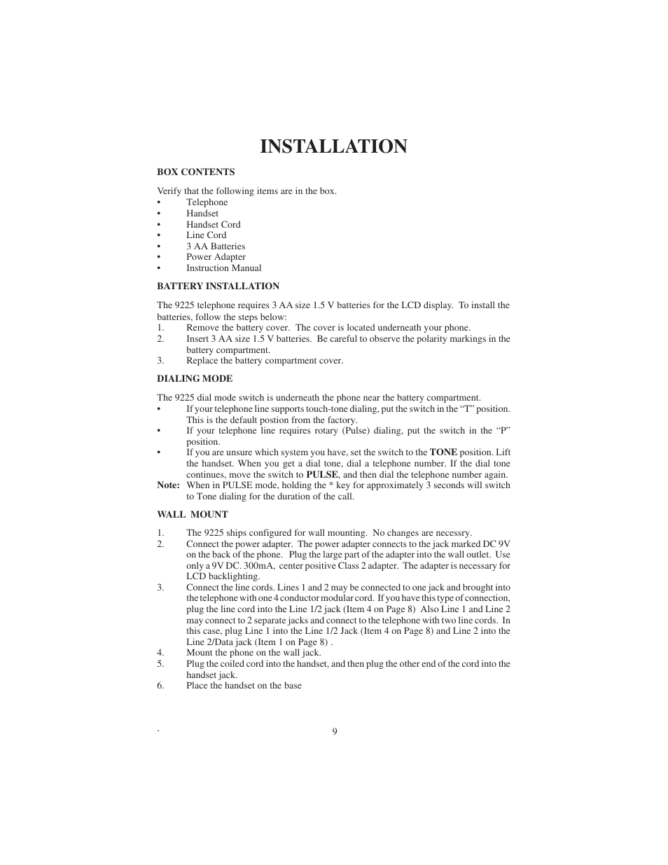 Installation | Cortelco 9225 User Manual | Page 9 / 24