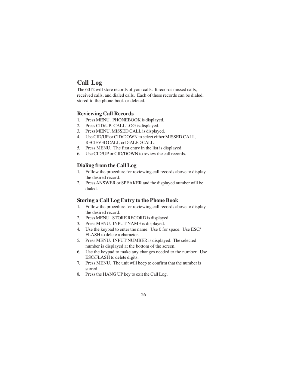 Call log | Cortelco DECT 6 User Manual | Page 26 / 32