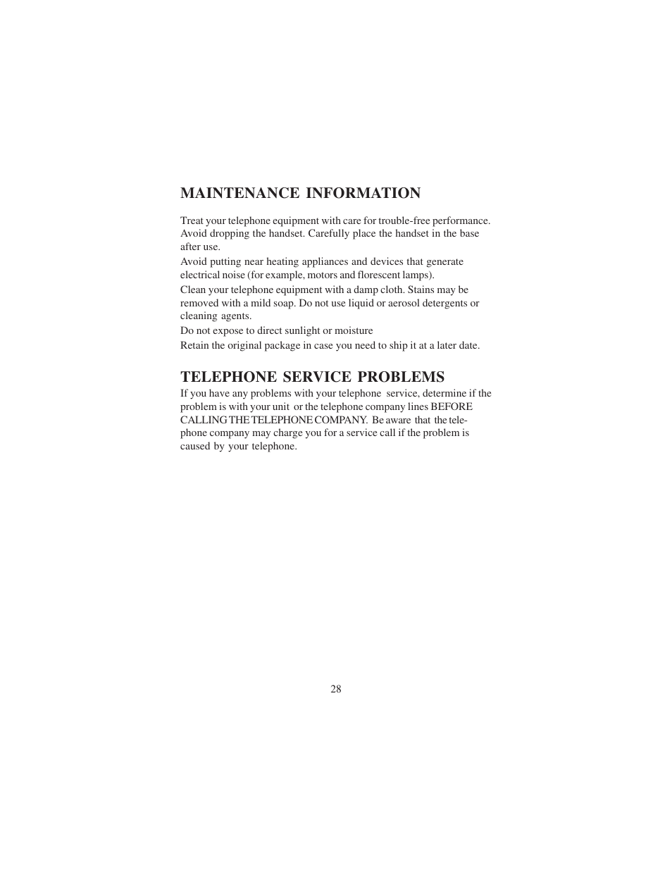 Maintenance information, Telephone service problems | Cortelco DECT 6 User Manual | Page 28 / 32