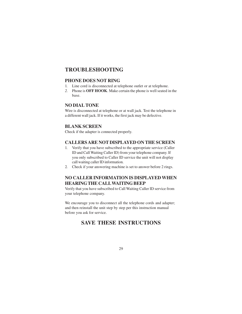 Troubleshooting, Save these instructions | Cortelco DECT 6 User Manual | Page 29 / 32