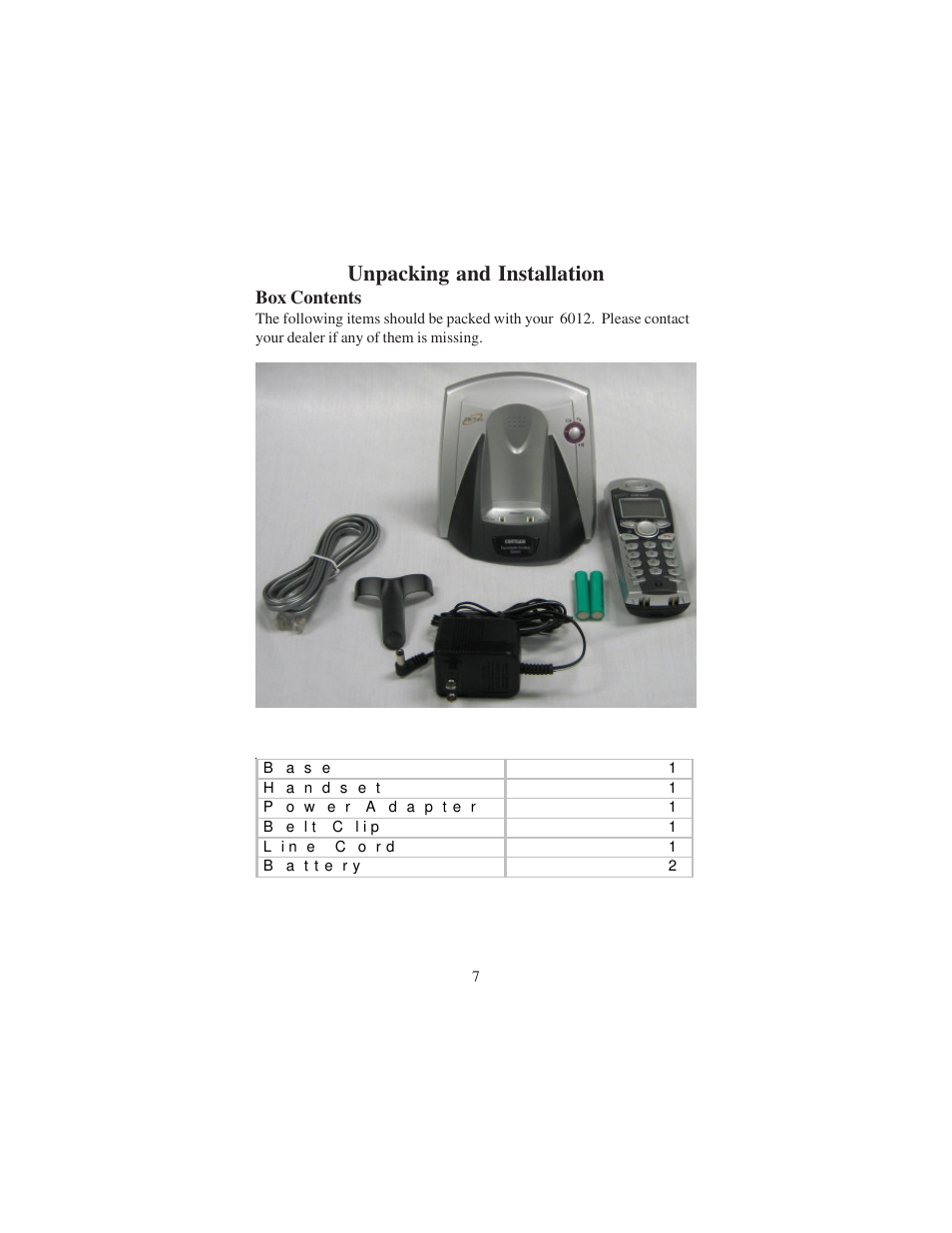 Unpacking and installation | Cortelco DECT 6 User Manual | Page 7 / 32