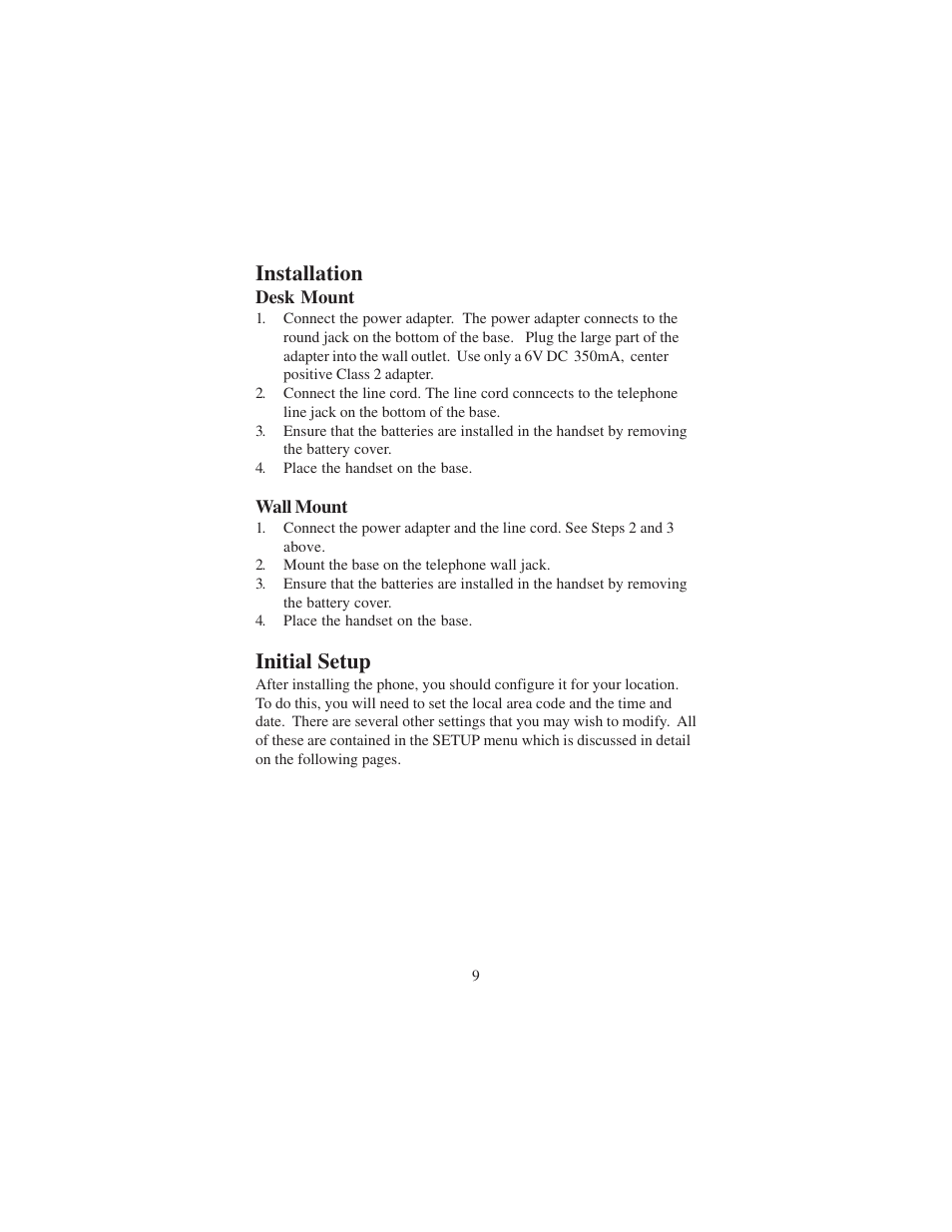 Installation, Initial setup | Cortelco DECT 6 User Manual | Page 9 / 32