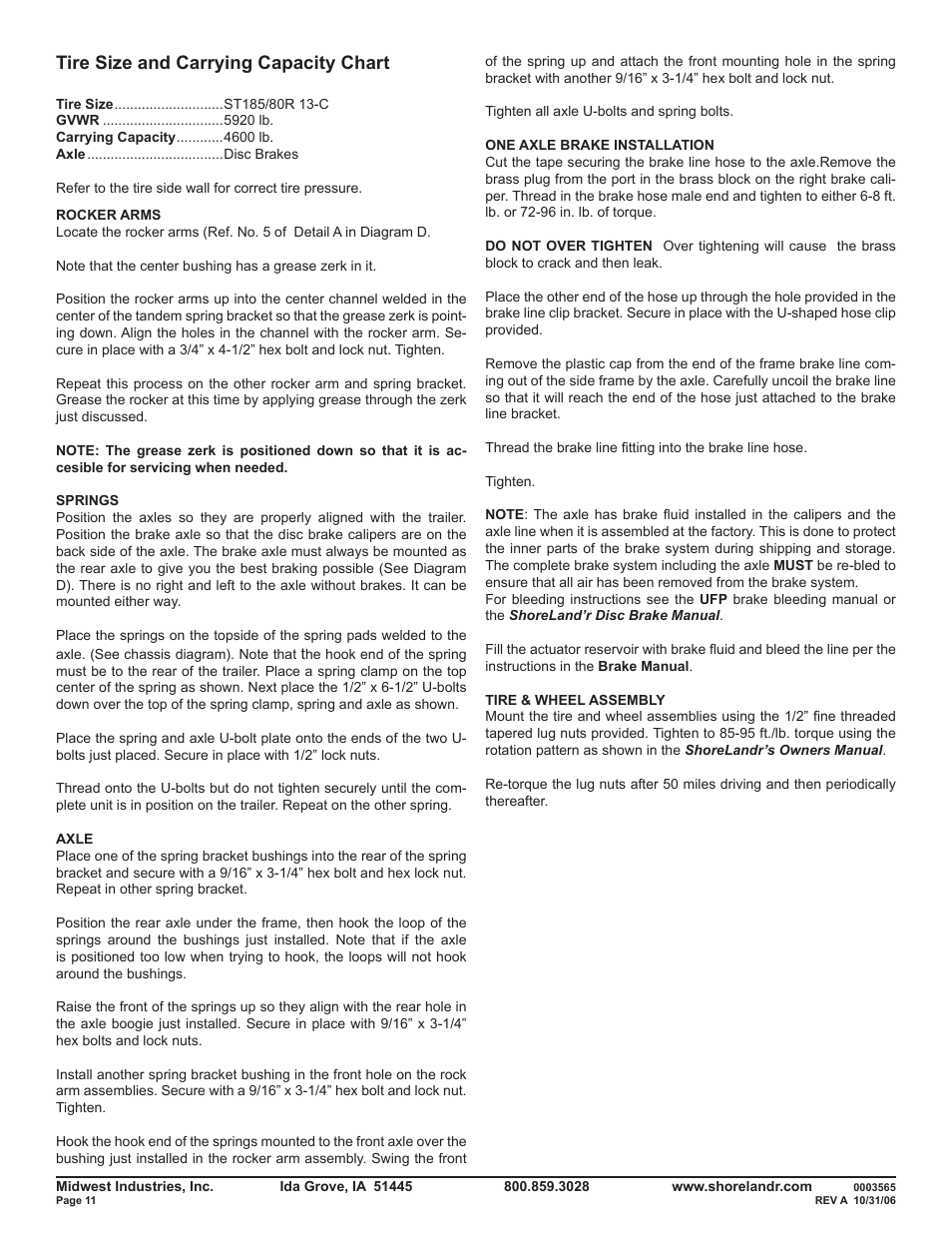 Tire size and carrying capacity chart | ShoreLand'r SLRB46TBL V.1 User Manual | Page 11 / 14