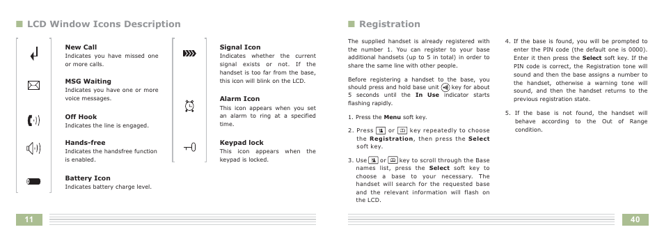 Nlcd window icons description, Nregistration | Cortelco Dect 6 Cordless Telephone 8015 User Manual | Page 14 / 55