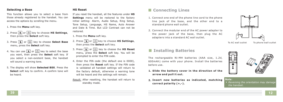 Nconnecting lines n installing batteries | Cortelco Dect 6 Cordless Telephone 8015 User Manual | Page 15 / 55