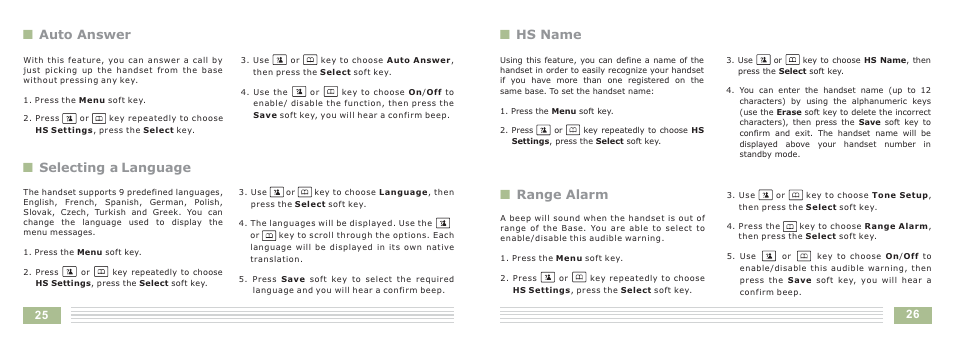 Nauto answer n selecting a language, Nhs name n range alarm | Cortelco Dect 6 Cordless Telephone 8015 User Manual | Page 28 / 55