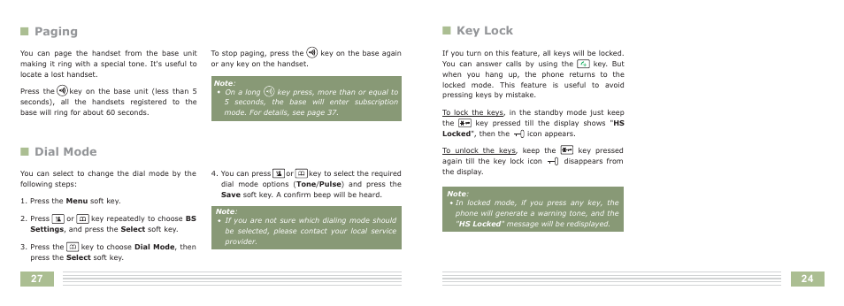 Npaging n dial mode, Nkey lock | Cortelco Dect 6 Cordless Telephone 8015 User Manual | Page 30 / 55