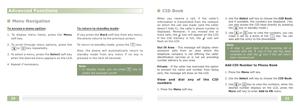Advanced functions, Ncid book, Nmenu navigation | Cortelco Dect 6 Cordless Telephone 8015 User Manual | Page 32 / 55