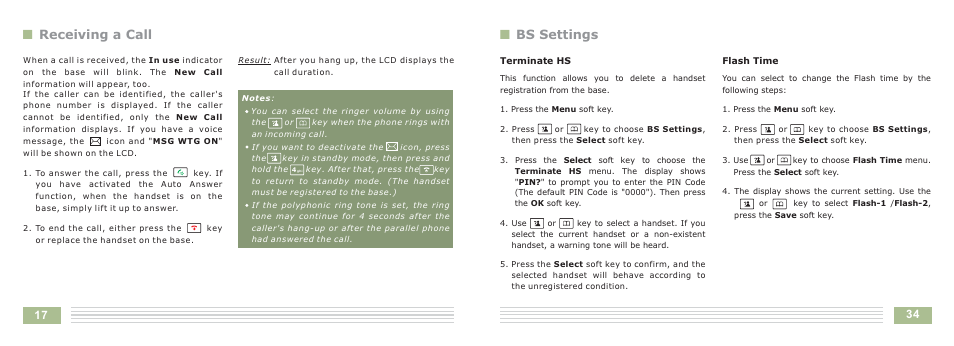 Nreceiving a call, Nbs settings | Cortelco Dect 6 Cordless Telephone 8015 User Manual | Page 37 / 55