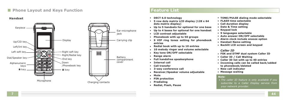 Feature list, Nphone layout and keys function | Cortelco Dect 6 Cordless Telephone 8015 User Manual | Page 47 / 55
