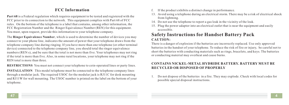 Safety instructions for handset battery pack, Fcc information | Cortelco Dect 6 Cordless Telephone 8015 User Manual | Page 50 / 55