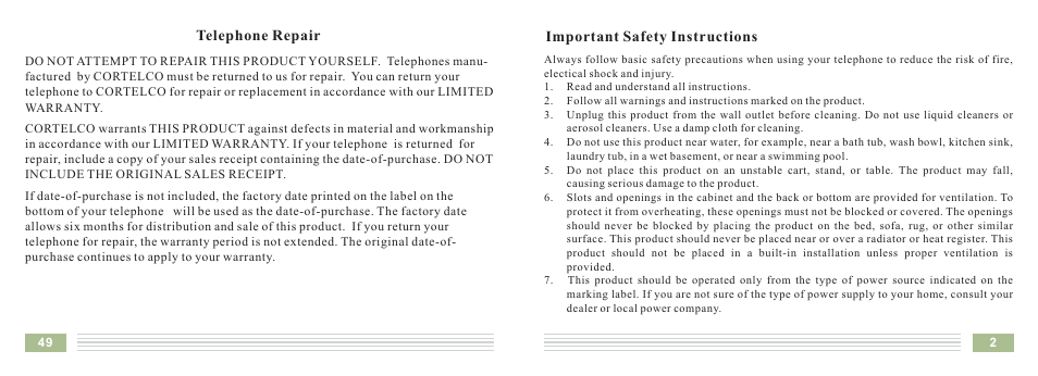 Important safety instructions, Telephone repair | Cortelco Dect 6 Cordless Telephone 8015 User Manual | Page 52 / 55