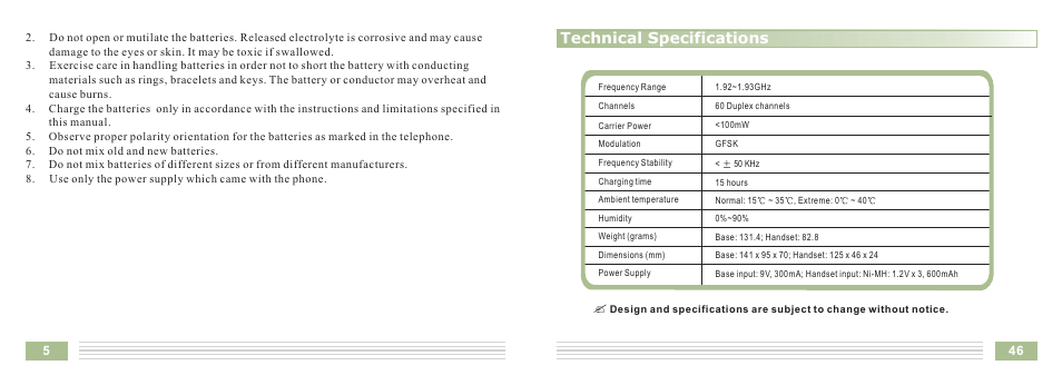 Technical specifications | Cortelco Dect 6 Cordless Telephone 8015 User Manual | Page 8 / 55