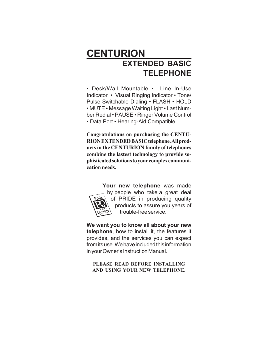 Centurion, Extended basic telephone | Cortelco CENTURION EXTENDED BASIC TELEPHONE User Manual | Page 2 / 16