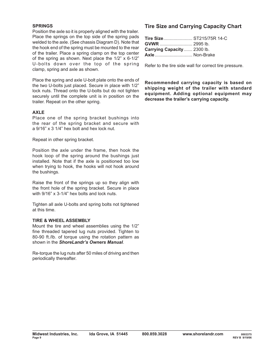 Tire size and carrying capacity chart | ShoreLand'r SLV2314LW V.2 User Manual | Page 9 / 12