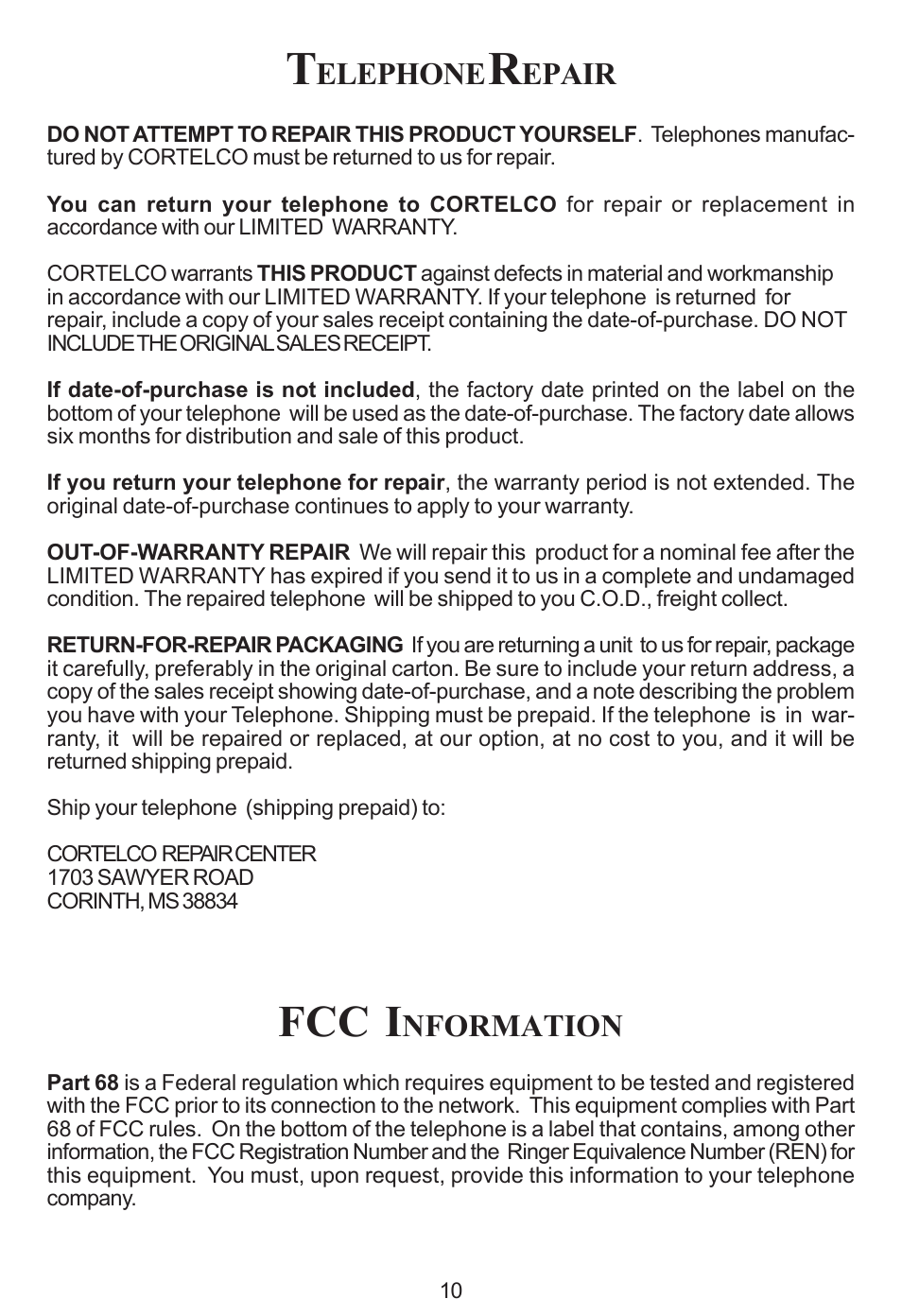 Fcc i, Elephone, Epair | Nformation | Cortelco ez TOUCH User Manual | Page 12 / 15