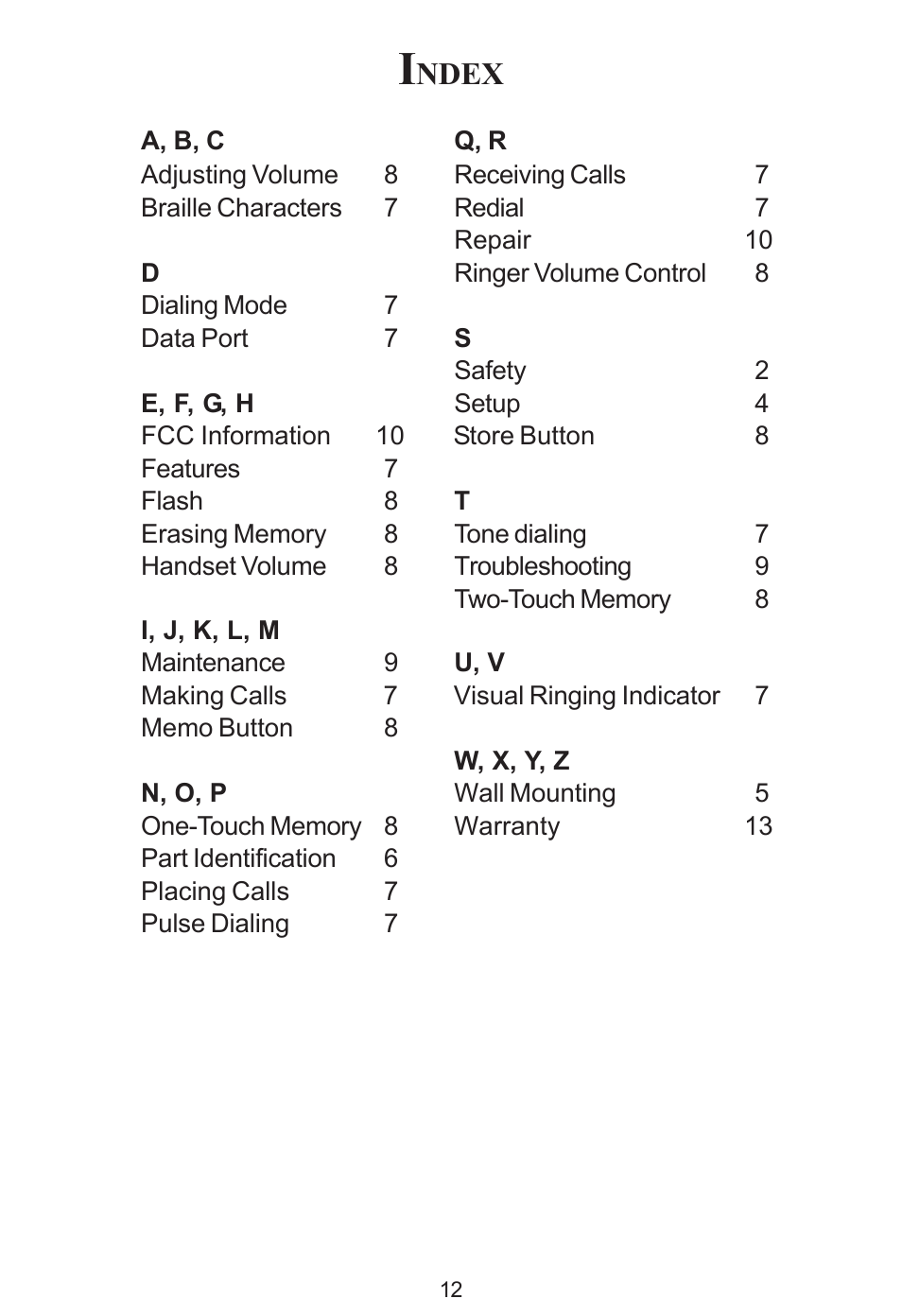 Ndex | Cortelco ez TOUCH User Manual | Page 14 / 15