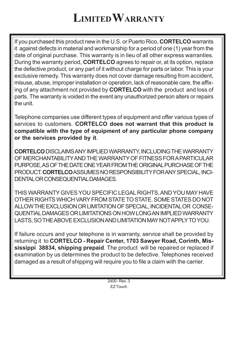 Imited, Arranty | Cortelco ez TOUCH User Manual | Page 15 / 15