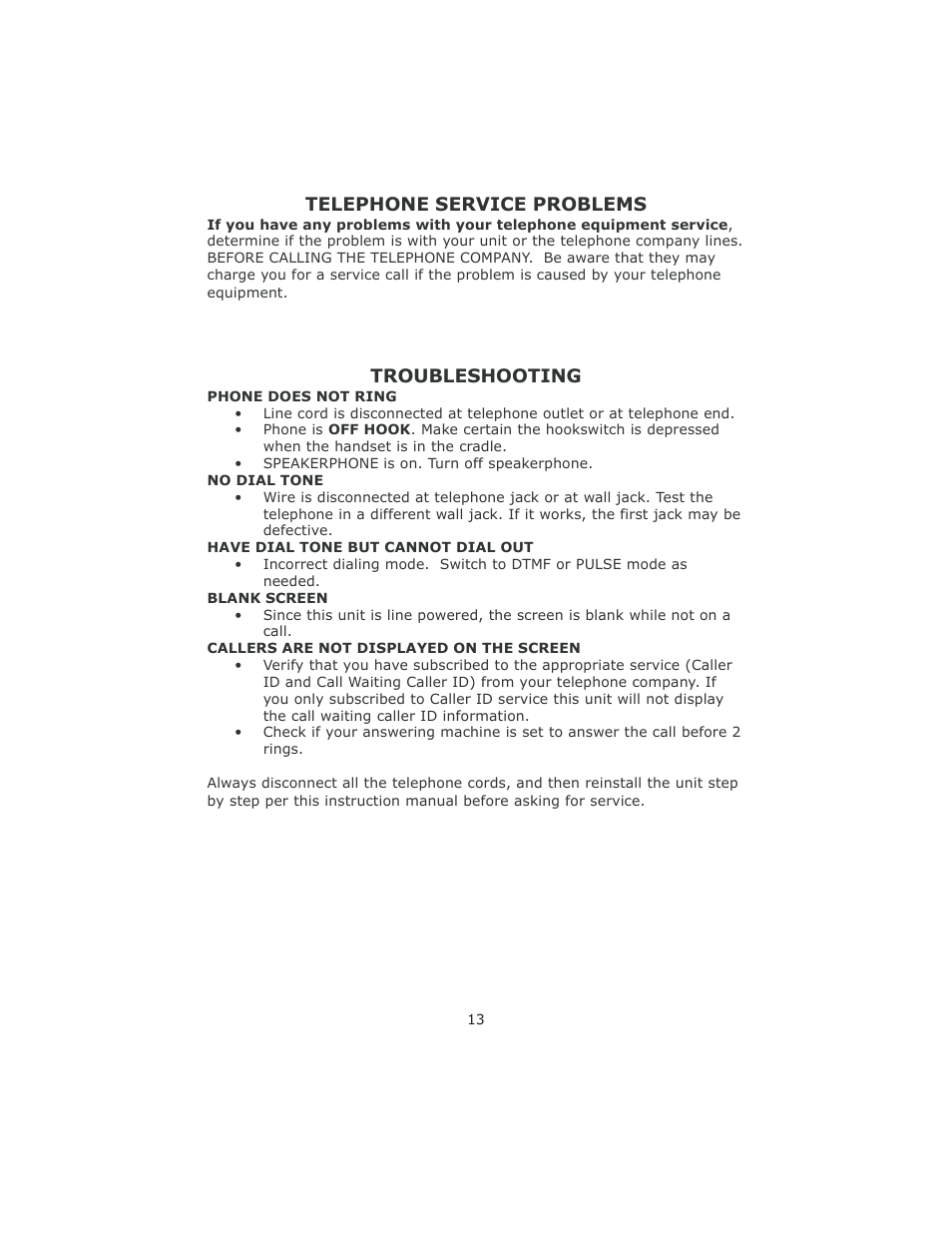 Telephone service problems, Troubleshooting | Cortelco 8780 User Manual | Page 13 / 16