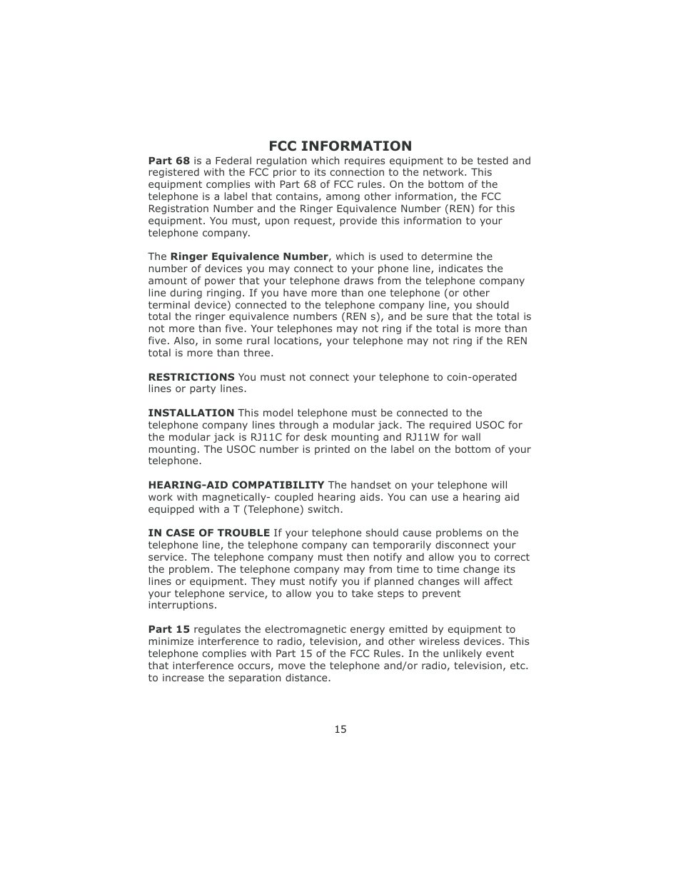 Fcc information | Cortelco 8780 User Manual | Page 15 / 16