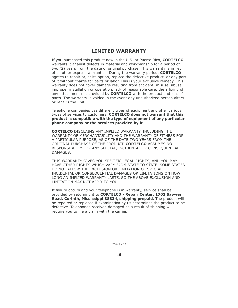 Limited warranty | Cortelco 8780 User Manual | Page 16 / 16