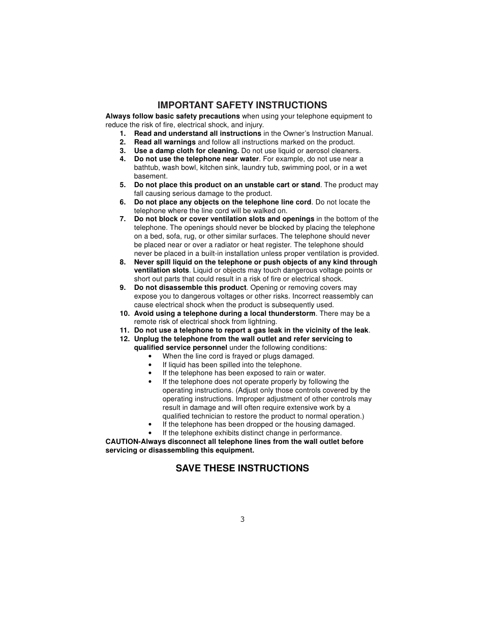 Important safety instructions, Save these instructions | Cortelco 8780 User Manual | Page 3 / 16