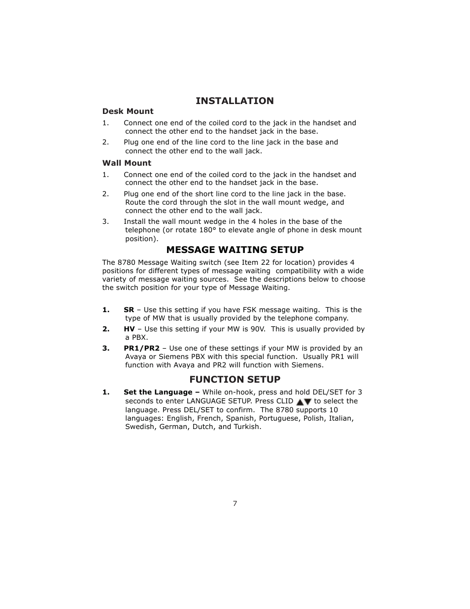 Installation, Message waiting setup, Function setup | Cortelco 8780 User Manual | Page 7 / 16