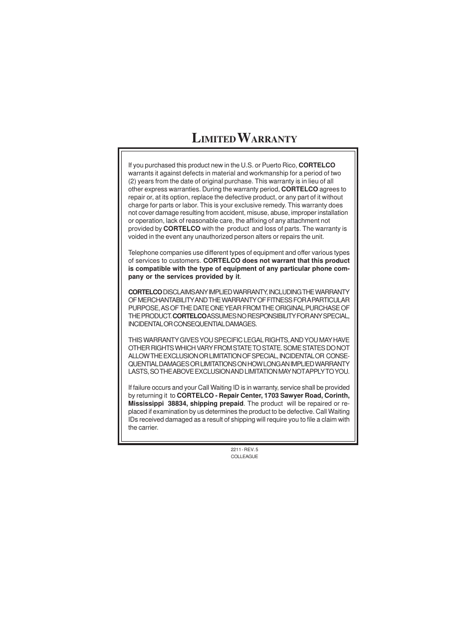 Cortelco Colleague 2211 User Manual | Page 22 / 22