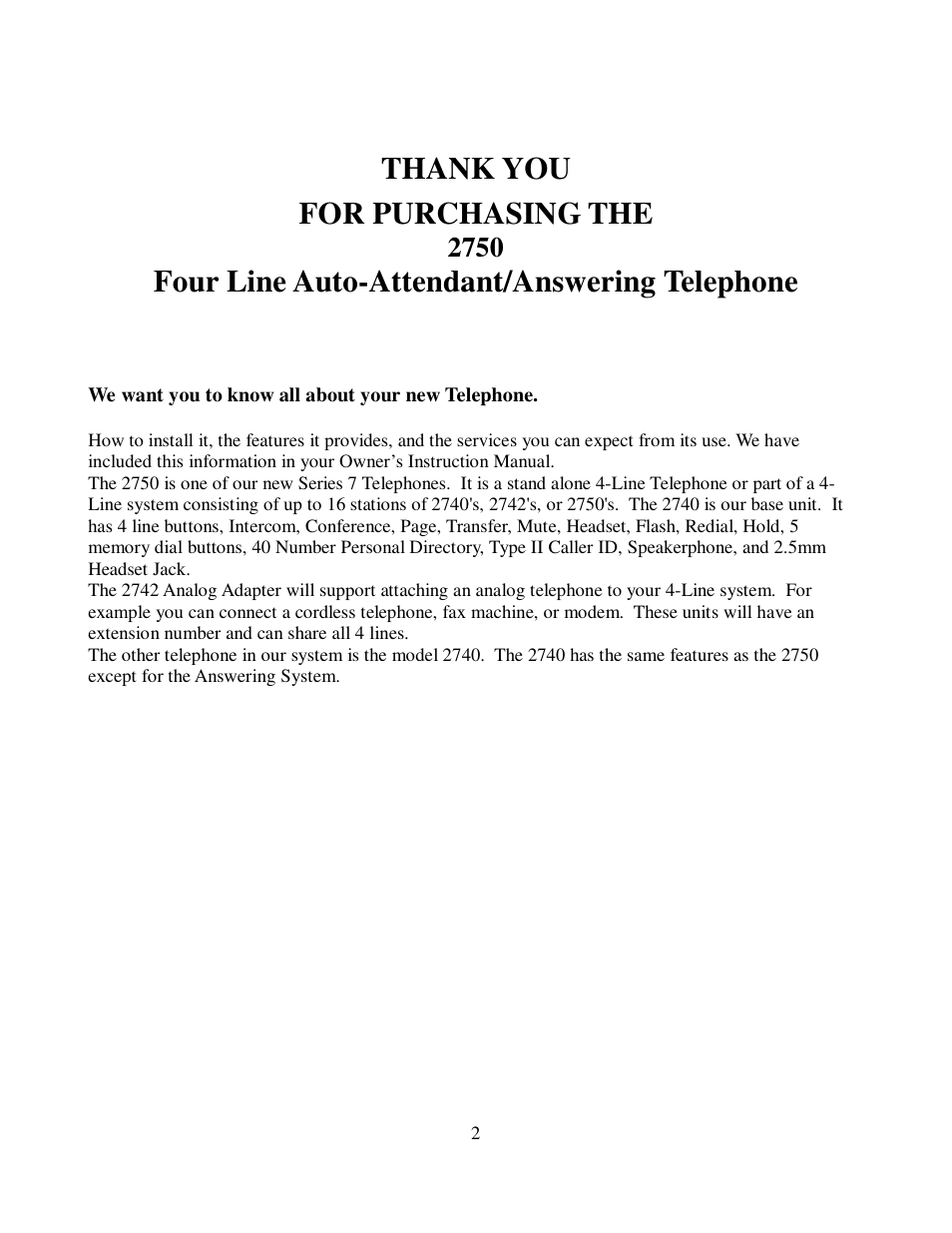 For purchasing the, Four line auto-attendant/answering telephone | Cortelco 2750 User Manual | Page 7 / 58