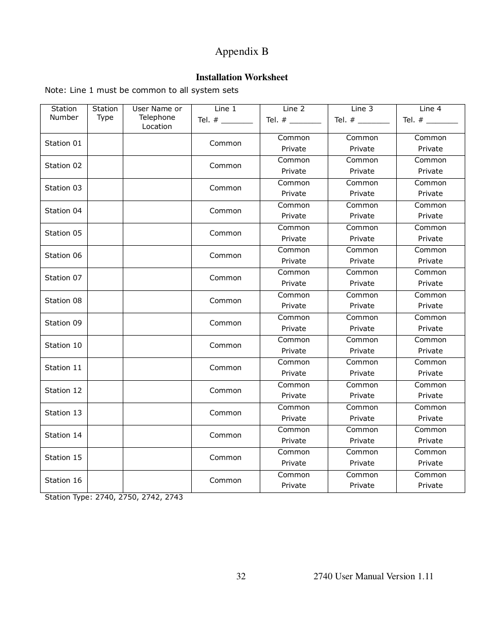 Appendix b, Installation worksheet | Cortelco 2740 User Manual | Page 37 / 42
