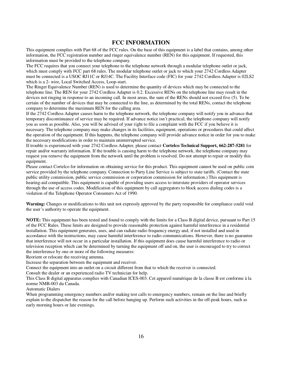 Cortelco FOUR LINE CORDLESS ANALOG ADAPTER 2742 User Manual | Page 19 / 21