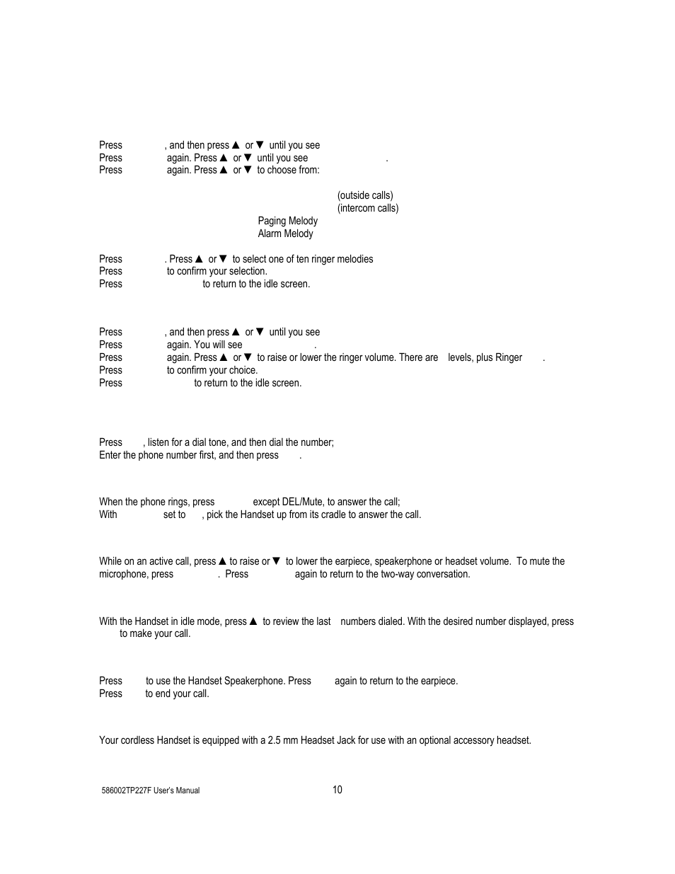 4 making calls, 5 answering calls, 6 volume adjustment | 7 redial, 8 speakerphone, 9 using a headset, Ringer melody, Ringer volume, Making calls, Answering calls | Cortelco 586002-TP2-27F User Manual | Page 10 / 20