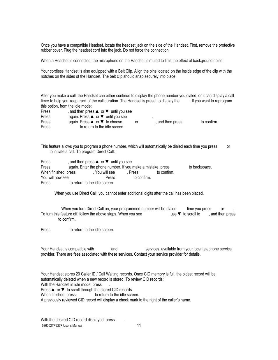 10 talk display, 11 direct call, 12 caller id / call waiting id | Talk display, Direct call, Caller id / call waiting id, Reviewing call list, Dialing from cid | Cortelco 586002-TP2-27F User Manual | Page 11 / 20