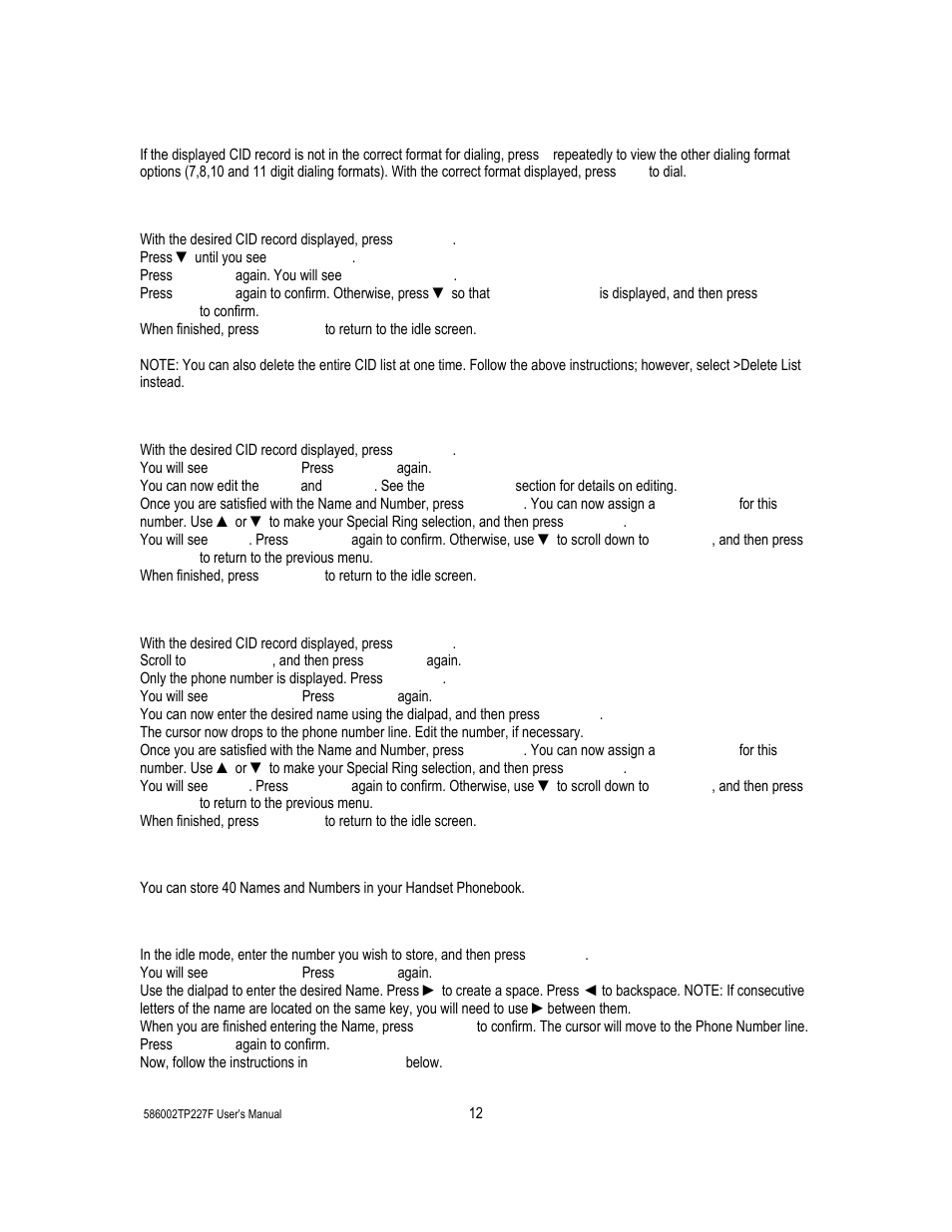13 phonebook, Deleting cid records, Storing cid records | Storing a cid phone number and then adding a name, Phonebook, Storing names and numbers | Cortelco 586002-TP2-27F User Manual | Page 12 / 20