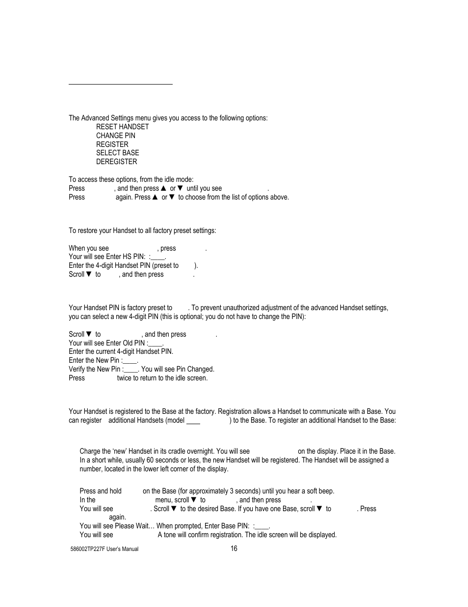 22 advanced settings menu, Part iii advanced settings, Advanced settings menu | Reset handset, Change pin (handset), Registration (of handsets) | Cortelco 586002-TP2-27F User Manual | Page 16 / 20