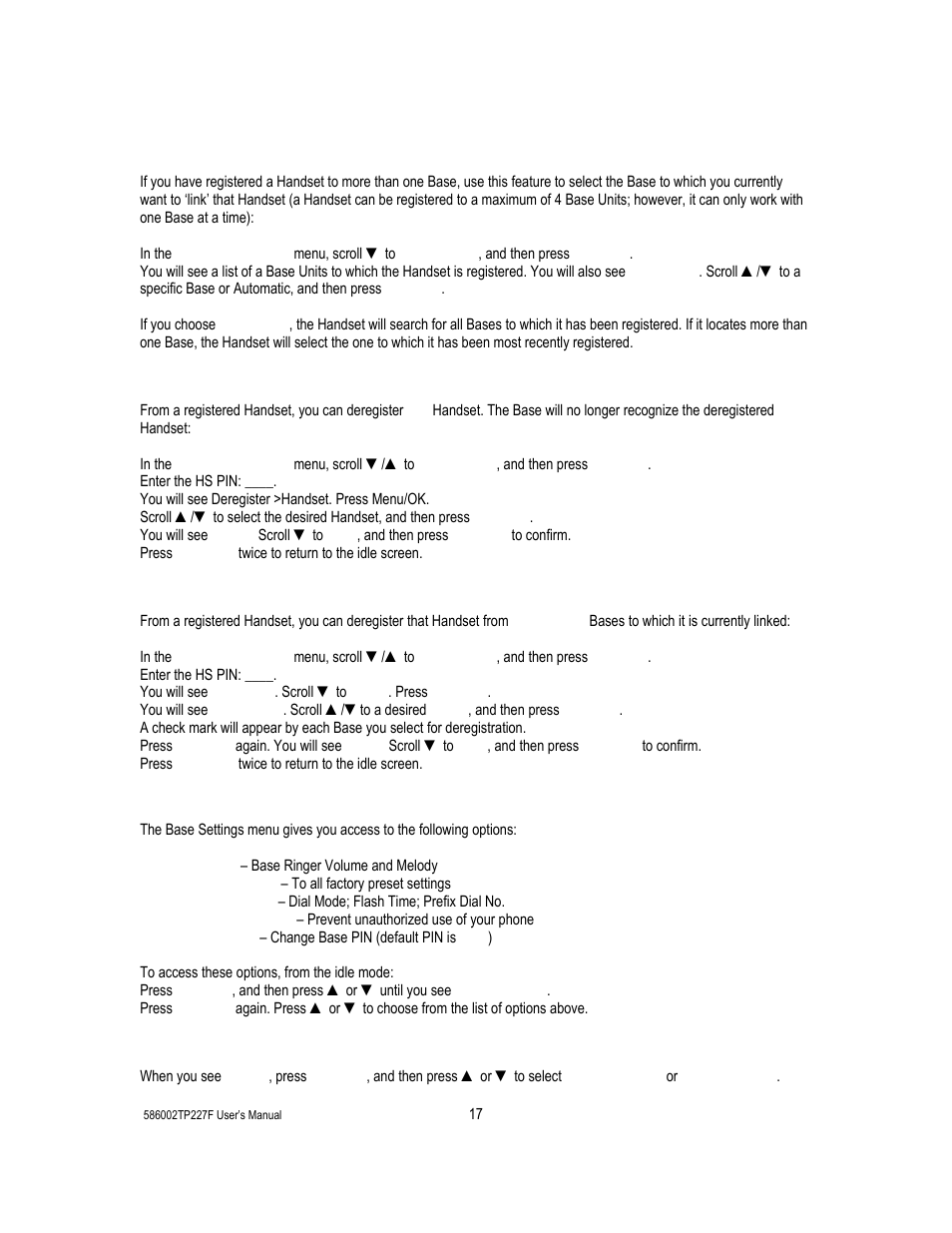 23 base settings, Select base, Deregister - handset | Deregister – base, Base settings, Audio | Cortelco 586002-TP2-27F User Manual | Page 17 / 20