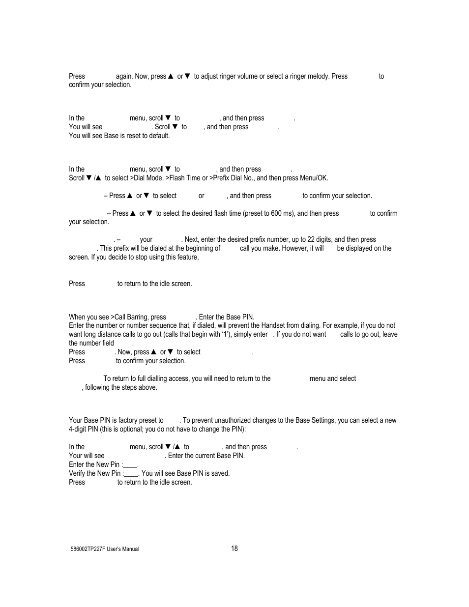 Reset base, Additional, Call barring | Base pin | Cortelco 586002-TP2-27F User Manual | Page 18 / 20