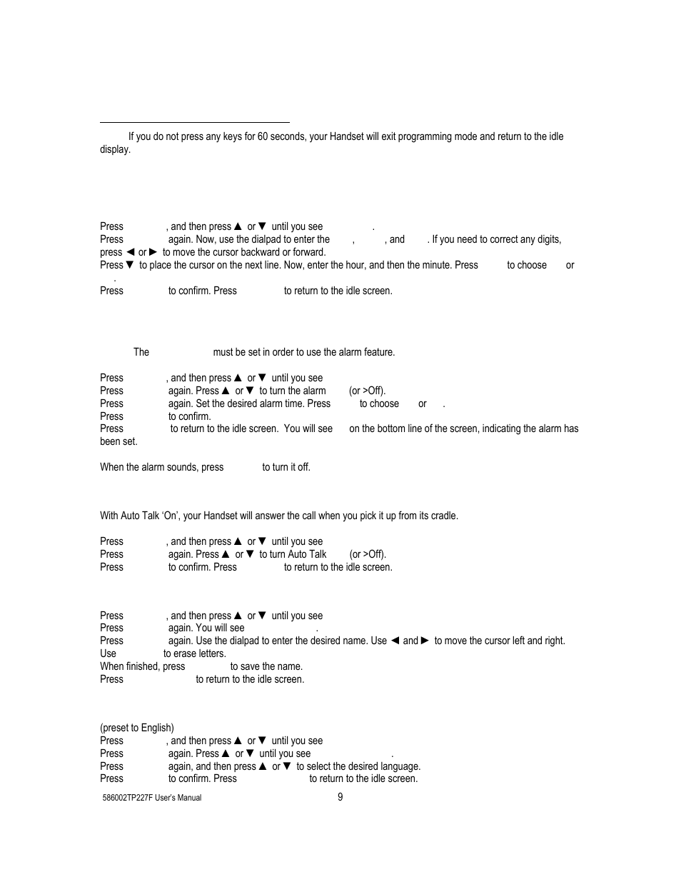 3 basic programming, Part ii cordless phone operation, Basic programming | Setting date and time, Setting the alarm, Auto talk, Handset naming, Display language | Cortelco 586002-TP2-27F User Manual | Page 9 / 20