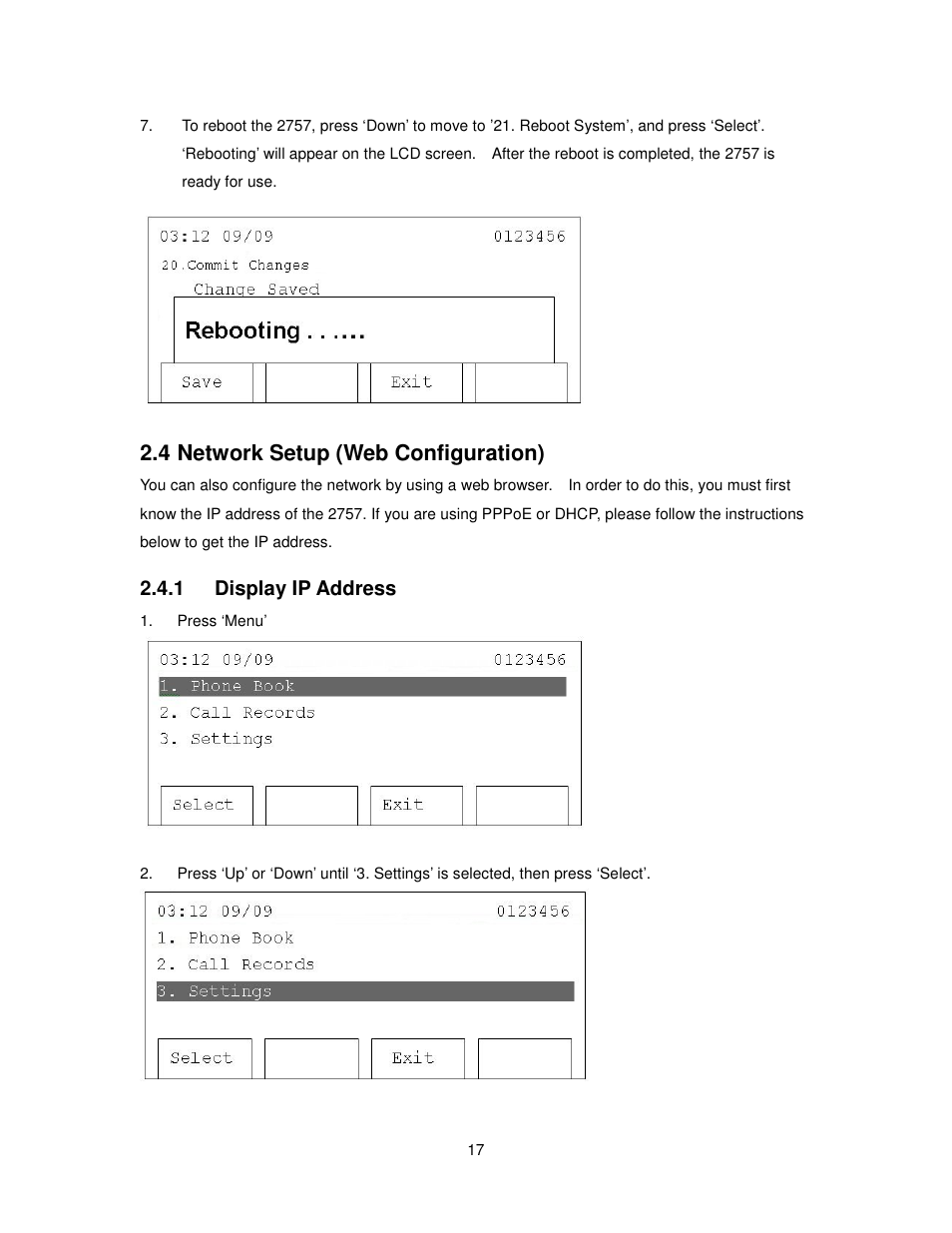 4 network setup (web configuration), 1 display ip address | Cortelco 2757 User Manual | Page 17 / 58