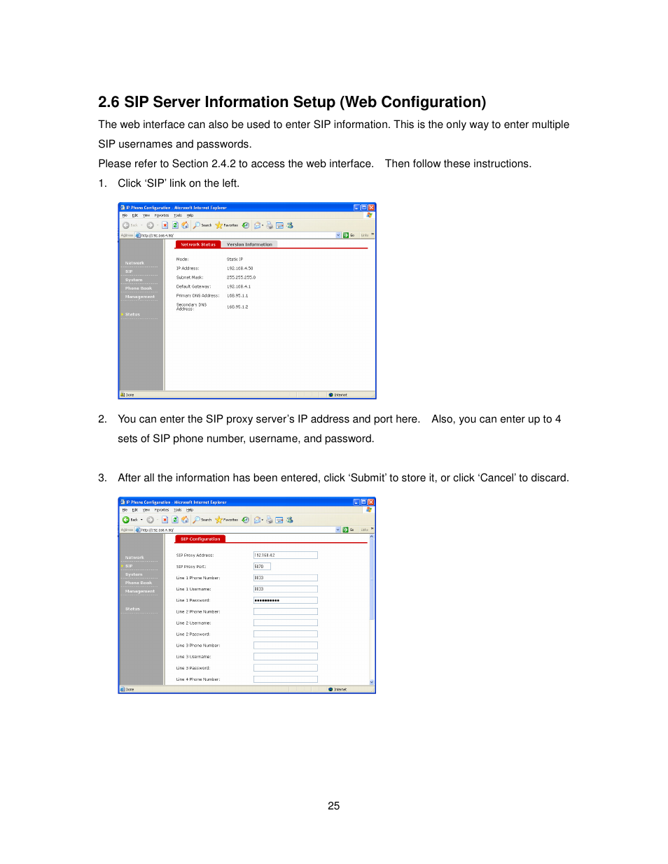 6 sip server information setup (web configuration) | Cortelco 2757 User Manual | Page 25 / 58