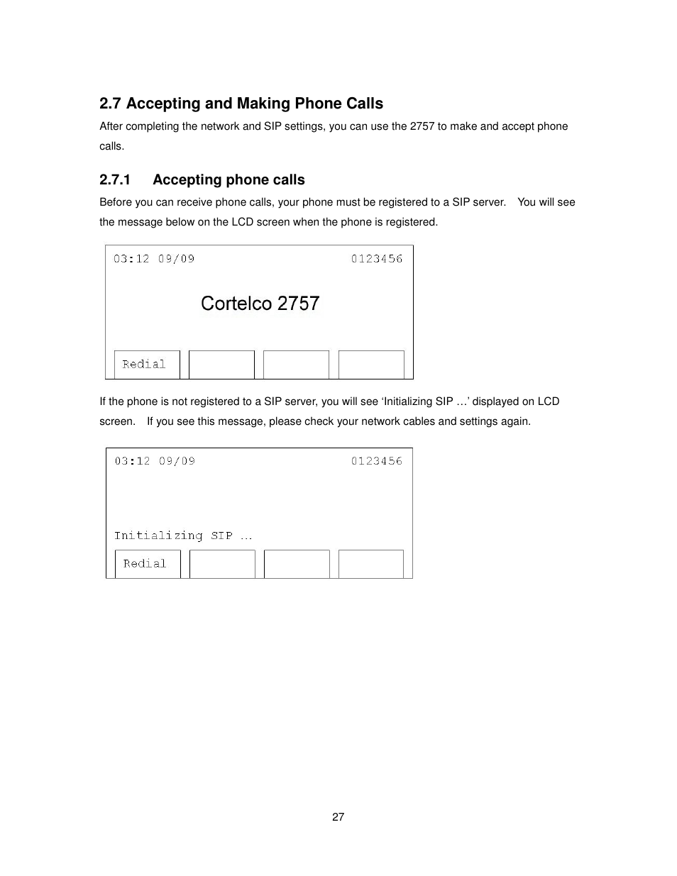 7 accepting and making phone calls, 1 accepting phone calls | Cortelco 2757 User Manual | Page 27 / 58