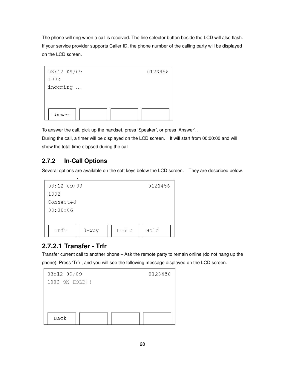 1 transfer - trfr, 2 in-call options | Cortelco 2757 User Manual | Page 28 / 58