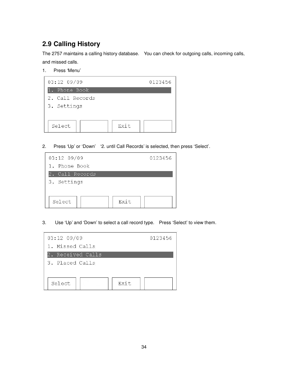 9 calling history | Cortelco 2757 User Manual | Page 34 / 58